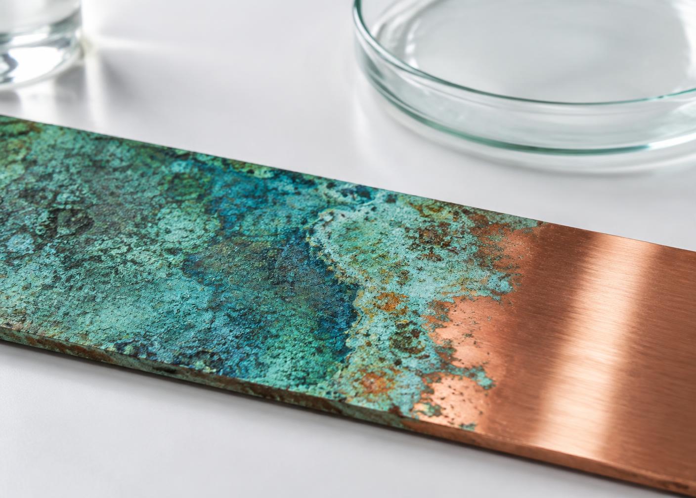 A copper strip showing the transition from polished copper to green patina