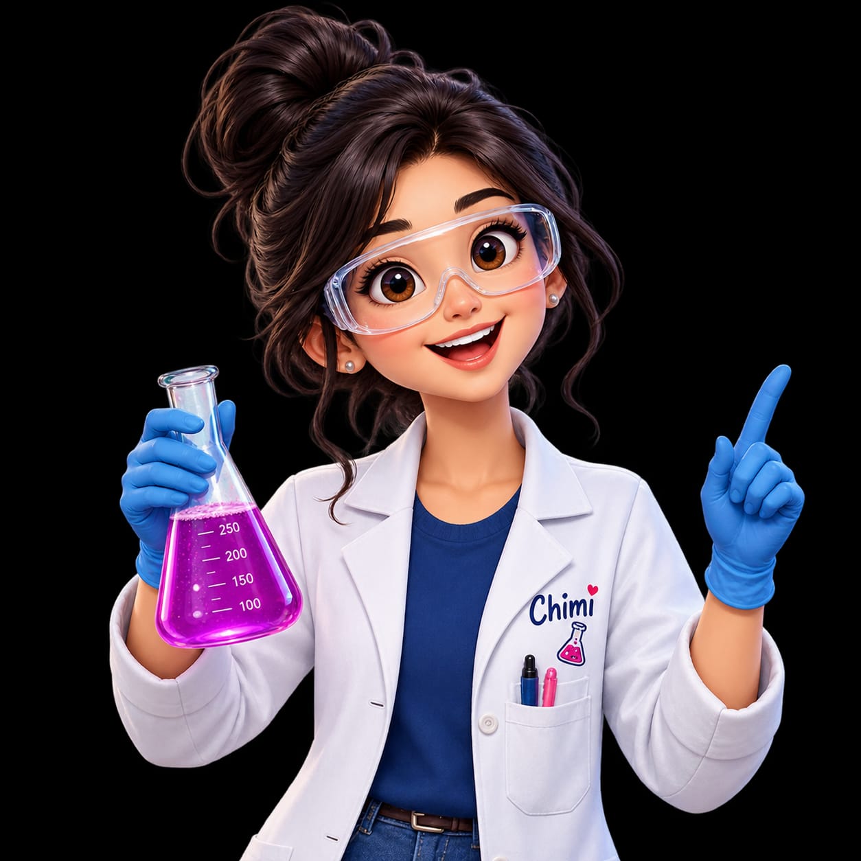 Dr. Chimi, a friendly chemistry educator holding a laboratory flask